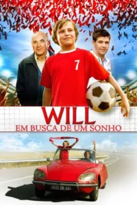 Menino de camisa 7 com bola,ladeado por dois homens,em estádio com confetes. Embaixo,o mesmo menino em conversível vermelho numa estrada.