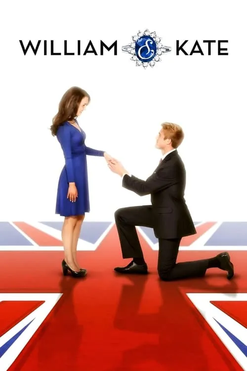 Homem de terno ajoelhado pede mulher de vestido azul em casamento. Chão tem a bandeira britânica. Clima romântico e formal.