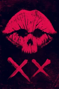 Pôster sombrio: lábios vermelhos intensos que formam uma caveira sobre fundo escuro. Dois X vermelhos grandes abaixo. Visual grunge.