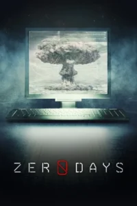 Monitor exibe explosão nuclear pixelizada. Um teclado à frente. O fundo escuro mostra fumaça e linhas de código digital. Clima tenso e tecnológico.