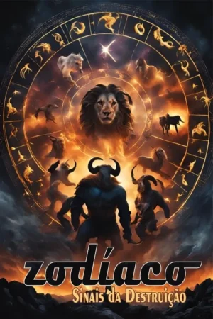 Leão, criaturas do zodíaco humanoides entre chamas e rochas. Círculo astrológico sob céu escuro. Atmosfera épica.