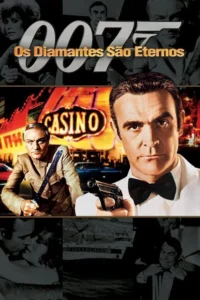 Um homem de smoking com arma e olhar intenso,outro com espada,em frente a um cassino. Pequenas cenas de romance e ação.
