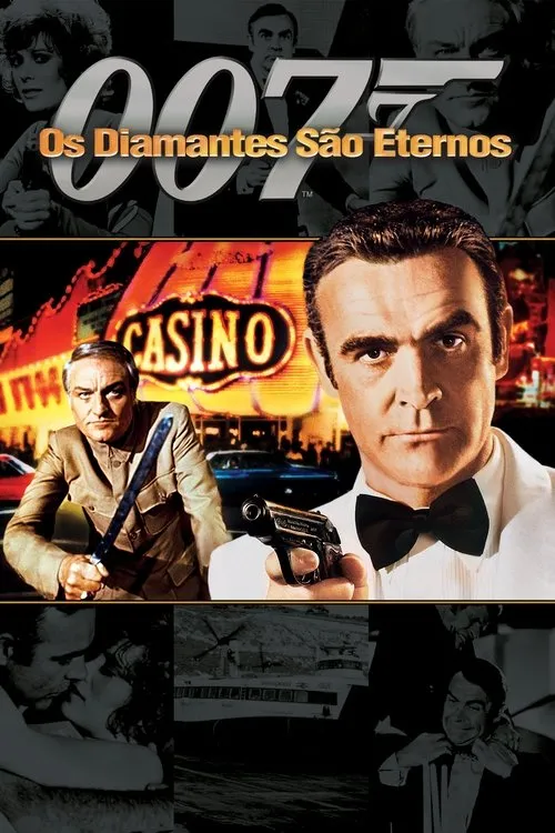 Um homem de smoking com arma e olhar intenso,outro com espada,em frente a um cassino. Pequenas cenas de romance e ação.