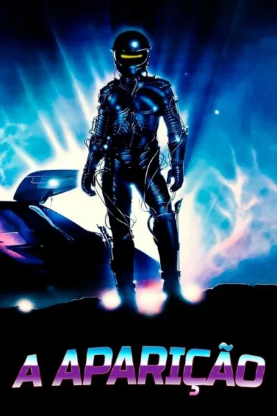 Pôster sci-fi: Figura em traje cibernético escuro com capacete e visor amarelo, em pé diante de explosão azul e veículo futurista.