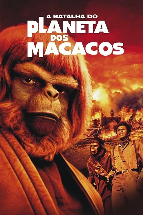 A Batalha do Planeta dos Macacos 1 Pôster vermelho-alaranjado. Um macaco sério em primeiro plano,com uma cidade em chamas,um macaco e um humano no fundo.