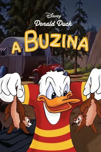 Pato zangado em camisa vermelha, segurando dois esquilos assustados. Cenário de acampamento com trailer e carro antigo ao fundo.