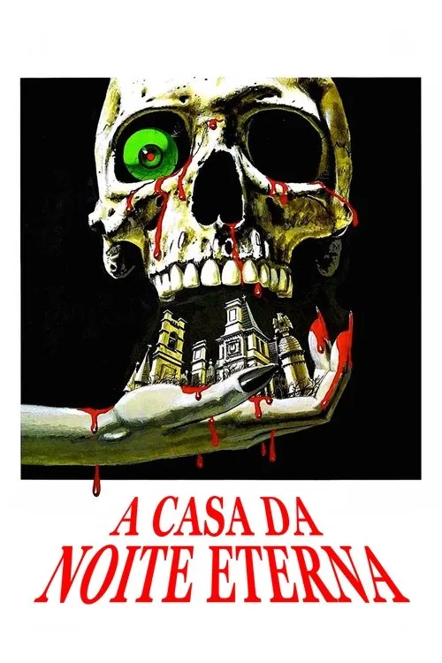 Pôster de terror: crânio amarelo e verde sangrando, um olho verde. Mão pálida segura casarões góticos.