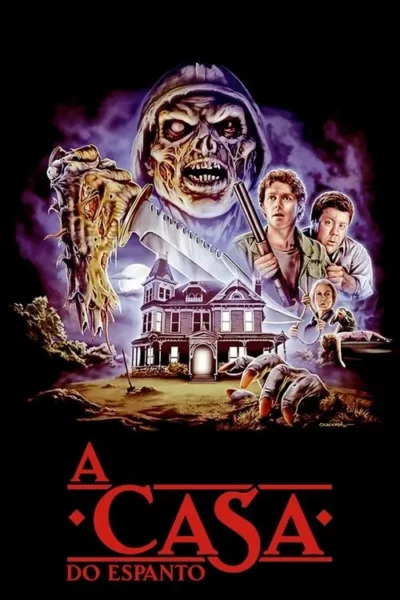 Pôster de terror: Um zumbi encapuzado e uma casa assombrada dominam. Pessoas assustadas, mãos monstruosas e um clima sombrio e misterioso.