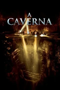 Pôster escuro. Exploradores com lanternas na água de uma caverna,olhando para baixo. Abaixo,uma criatura gigante com dentes afiados emerge na escuridão.