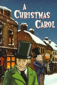 Desenho de poster:Noite de neve em Londres vitoriana. Velho de casaco verde,homem com criança feliz de muleta.
