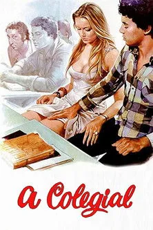 Jovem loira e rapaz em sala de aula, ele com a mão sobre a coxa dela. Alunos pálidos atrás. Clima de flerte e tensão.