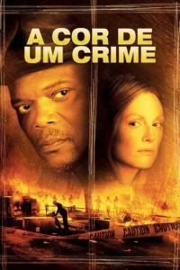 Pôster com tons quentes. Rostos sérios de um homem negro e uma mulher branca. Abaixo,cena caótica de incêndio com fita CAUTION.