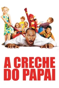 Um homem negro de camisa branca deitado,com expressão de pânico,cercado por muitas crianças caóticas e sorridentes.