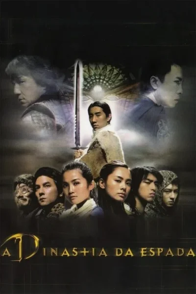 Pôster escuro com um homem asiático empunhando uma espada no centro. Múltiplos personagens asiáticos sérios preenchem o fundo, clima de fantasia épica.