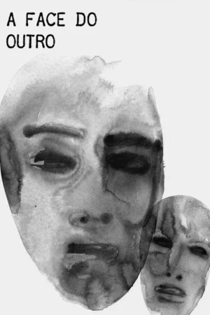 Pôster monocromático com duas faces distorcidas em estilo aquarela. Uma grande, sombria e com olhos fechados, e outra menor. Clima melancólico e abstrato.