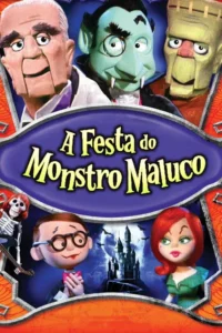 Pôster animado com fantoches:monstros,jovens e um esqueleto. Castelo sombrio,morcegos e lua cheia. Clima de festa de Halloween.