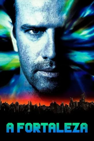 Rosto azulado de homem com olhar intenso, parte obscurecida por energia. Abaixo, cidade futurista em silhueta sob céu alaranjado. Clima de ficção científica.