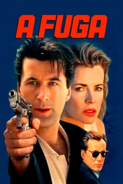 Pôster azul com homem apontando arma, mulher loira séria ao lado, e homem de óculos escuros. Clima de ação e perigo.