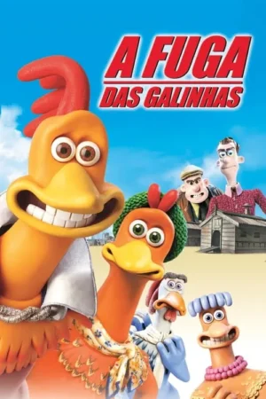 Pôster de animação stop-motion: Um galo e galinhas à frente, dois fazendeiros zangados e galinheiros ao fundo, sob um céu azul.