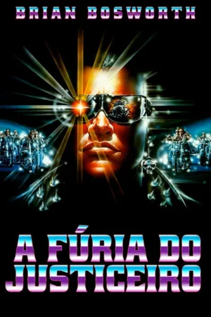 Pôster: homem com óculos futuristas, raios de luz na face. Motociclistas ao fundo. Clima intenso e futurista com estética neon.