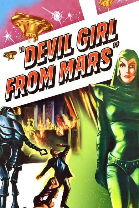 Pôster vintage: Mulher alienígena verde, discos voadores, robô, humanos apavorados e cidade em chamas. Clima sci-fi de terror.