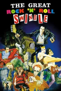 Pôster vibrante com personagens punk-rock caricatos em poses caóticas sobre Londres noturna. Um músico armado se destaca.