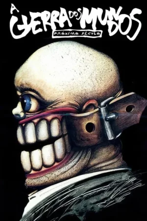 Pôster perturbador: rosto careca de perfil com olho azul arregalado e boca escancarada presa por tira de couro, sobre fundo preto.