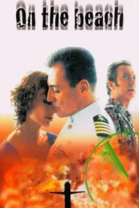 Um marinheiro e uma mulher se abraçam em pôster dramático. Fogo, submarino e radar abaixo, com outro homem observando. Clima sombrio.