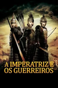 Três guerreiros asiáticos em armaduras antigas (uma mulher central) e com armas. Exército ao fundo sob céu sombrio,clima épico.