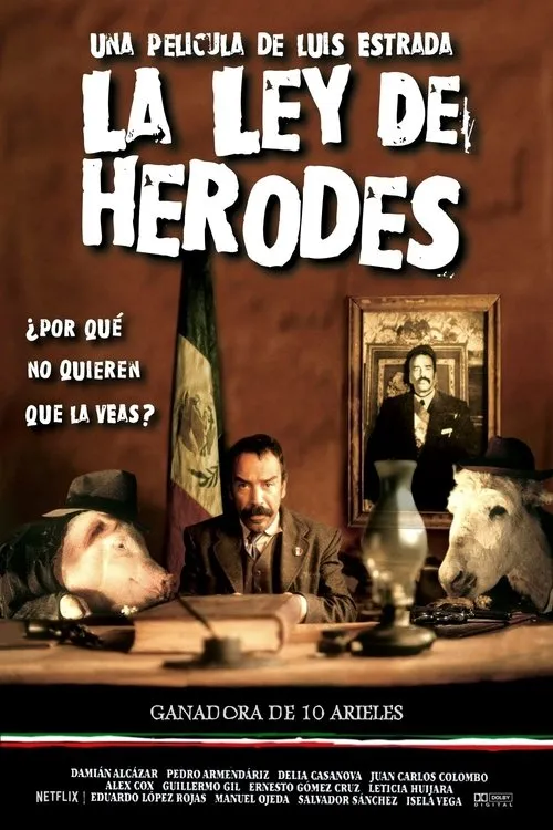 Homem sério de bigode em terno,sentado à mesa com cabeças de porco e burro com chapéu. Bandeira mexicana atrás. Sátira política.
