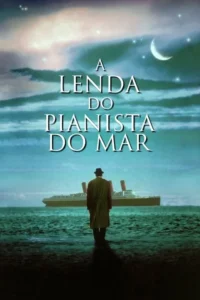 Pôster:Homem de casaco e chapéu,de costas,na água,observa um navio. Céu azul-noturno,lua crescente e estrelas. Clima de mistério.