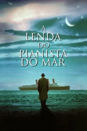 Pôster: Homem de casaco e chapéu, de costas, na água, observa um navio. Céu azul-noturno, lua crescente e estrelas. Clima de mistério.