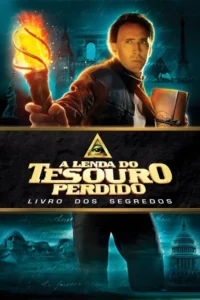 Homem com tocha e livro,olhar sério,contra marcos como Big Ben e Mt. Rushmore em tons azuis. Atmosfera de mistério e aventura.