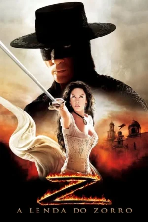 Homem mascarado e mulher de espartilho com espada. Fundo flamejante, cidade colonial e figura em queda. Ação e drama.