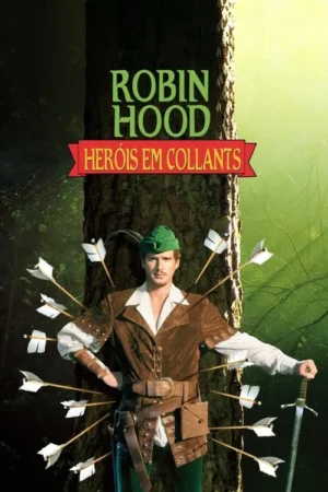 Um homem de chapéu verde e roupa medieval, cravado de flechas, sorri na floresta segurando uma espada. Humor e aventura.