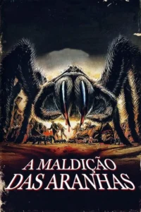 Pôster de horror: aranha gigante e peluda com fangs ensanguentados sobre pessoas em pânico e mortas. Ambiente sombrio.