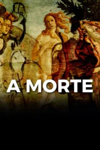 Pôster com figuras clássicas estilo Botticelli, incluindo Vênus semi-nua, sobre fundo texturizado. Atmosfera artística e dramática.