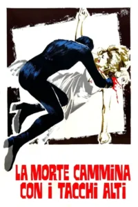 Figura de preto apunhala mulher loira no chão,com sangue jorrando. Imagem de suspense brutal e violento.