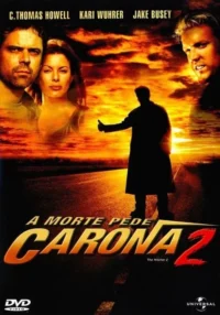 Pôster com três rostos (dois sérios,um bravo) e uma figura sombria pegando carona em estrada sob céu alaranjado intenso.