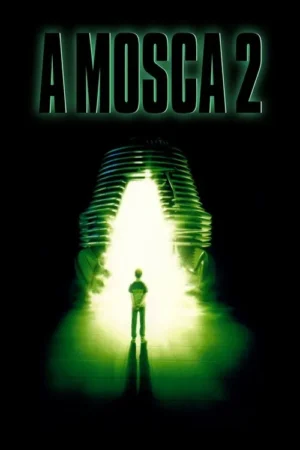 Pôster escuro: um jovem de costas em um chão verde-fluorescente, diante de uma cápsula gigante emitindo brilho verde intenso.