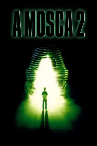 Pôster escuro: um jovem de costas em um chão verde-fluorescente, diante de uma cápsula gigante emitindo brilho verde intenso.