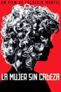 Pôster gráfico em vermelho. Silhueta preta de perfil de mulher com cabelo cacheado em branco e preto volumoso.