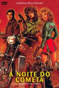 Pôster em estilo HQ 80s: duas mulheres e um homem armados, moto e cidade em ruínas. Zumbis e policial compõem cena de ação e terror.