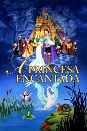 Pôster animado: Príncipe e princesa dançam à frente de um castelo. Um rosto azul gigante e ameaçador no céu. Animais à beira da água.