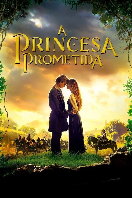 Pôster de fantasia:Casal de época com cabeças encostadas,paisagem verde com cavaleiros,castelo e céu dourado. Clima épico.