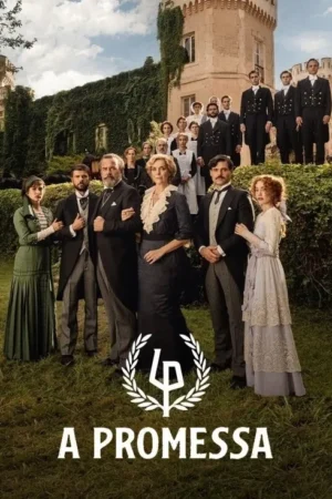 Elenco em trajes de época posa em jardim. Nobres e criados se reúnem diante de um grande castelo, sugerindo drama social.