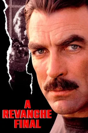 Close-up de um homem com bigode e olhar intenso. À esquerda, uma imagem rasgada revela uma figura sombria. Clima de mistério e drama.