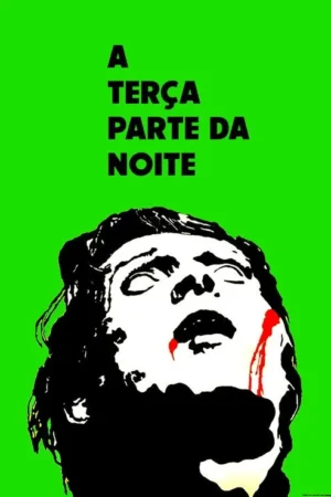Pôster verde brilhante. Rosto estilizado em preto e branco com a cabeça jogada para trás, olhos fechados e sangue escorrendo da boca e lateral. Clima intenso.