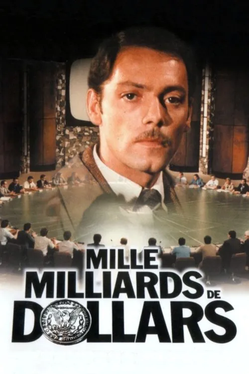 Um homem de bigode olha intensamente. Abaixo, uma sala de reuniões escura com pessoas em uma mesa iluminada. Atmosfera séria e intrigante.