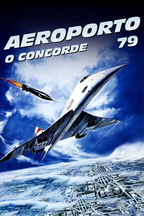 Concorde branco voa sobre cidade, fugindo de míssil flamejante em céu azul. Clima de perigo e ação aérea intensa.